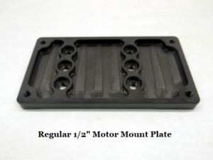 A black motor mount plate featuring multiple screw holes is displayed against a plain background. Below it, text reads "Motor Mounts - 8? w Standard 1/2" Plate - International Clamps".