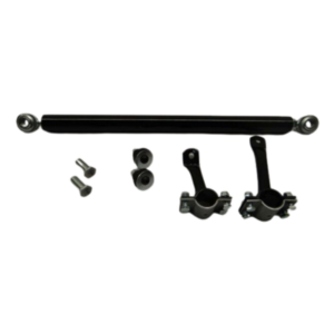 A black metal Seat Bar Kit - Weld On with mounting brackets, two bolts, and washers set on a white background.