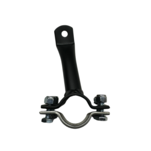 A Seat Bar Seat Strut - Left Side Strut for a Seat Bar Kit with a black handle attached to a metal pipe clamp using bolts and nuts.