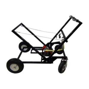 The KKP Kart Stand - Electric One Man w/ Big Wheel Kit is a black metal frame cart with three wheels and a handle, specifically designed for transporting or supporting equipment.