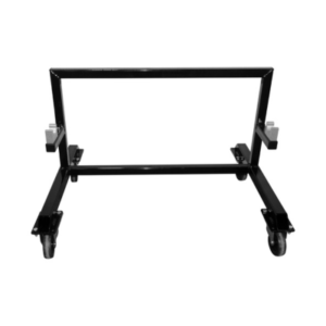 The KKP Upright Rolling Kart Display is a black metal stand equipped with four caster wheels and two support arms.