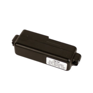 The Mychron™ 5 Battery Pack is a rectangular black plastic electronic component with a white label and text, featuring a snap-on or screw closure on each end.