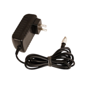 A Mychron™ 5 RPM Lead featuring a black power adapter with a two-prong plug and a coiled cable that ends in a cylindrical connector.