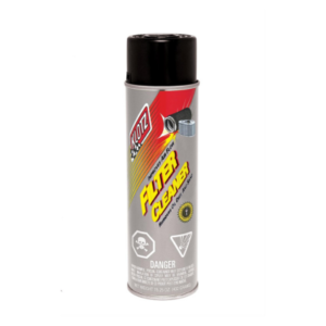 A spray can of Klotz Air Filter Cleaner with a black cap and a colorful label, designed for cleaning filters. Labels on the can indicate danger and hazardous materials.