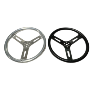 Two Round 12" Steering Wheels, one with a silver finish and the other with a black finish, are shown side by side against a white background.