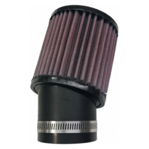 A cylindrical air filter, the K&N 20° Angled Flange for Clone, featuring a pleated design in red and black, attached to a black rubber hose connector and secured with a metal hose clamp.