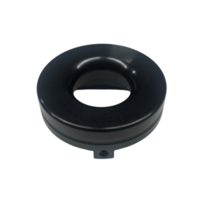 A Filter Adapter - Briggs Lightweight Flat Head, a black, circular, hollow object with a smooth finish resembling a donut shape, typically used as a mechanical or electronic component.