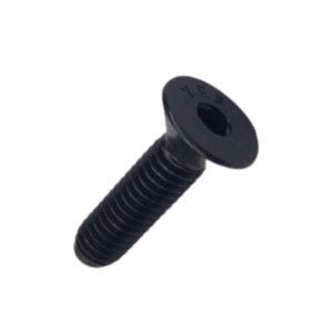 A Flat Head Cap Screw in black with a hexagonal socket drive.