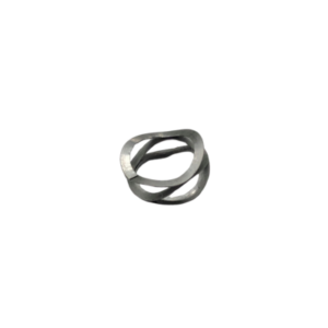 A silver Wavy Compression Springs ring with a twisted, open design forming two interlocking loops.