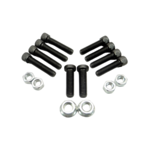 Eight black screws, four black bolts, and four silver nuts from the Standard Motor Mount Bolt Kits arranged on a white background.