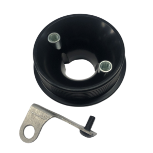 A Filter Adapter - Airspeed II™ For Clone, featuring a black cylindrical pulley with two hex bolts, a small metal bracket with a hole, and a separate black screw, all arranged beside each other on a white background.