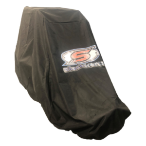 A Kart Cover - Universal for Champ Karts in black, featuring a prominent Slack Kart logo on the side, concealing a motorcycle underneath.