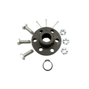 The Steering Shaft Hub & Hardware Kit, consisting of a black mechanical hub, four screws, three washers, a retaining ring, and four cotter pins.