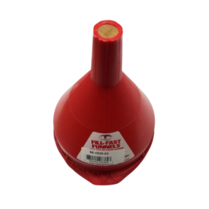 A Fill Fast Funnel with Outerwear is a red plastic funnel that has a label reading "Fill-Fast Funnels" and includes a barcode. The top of the funnel is covered with cardboard.