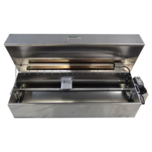 The KKP Hot Box - Single Tire is an open, stainless steel electric BBQ rotisserie featuring a built-in motor and ample space for a spit rod, designed to cook meats evenly.