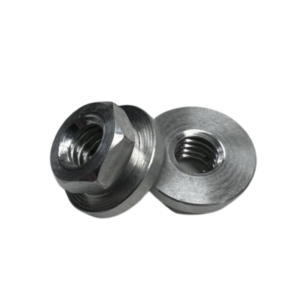 Two Aluminum Motor Mount Nuts positioned with one lying flat and the other standing upright, both showcasing internal threading.