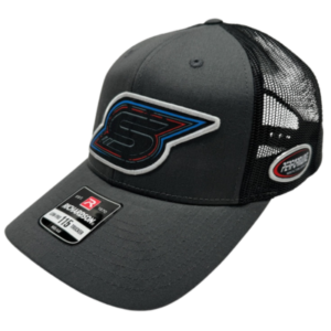 A gray SLACK Flex Fit hat featuring a raised embroidered logo on the front, showcasing a stylized "S" in multiple colors. The cap includes a "Richardson 115 Trucker" label on the brim and side patch.