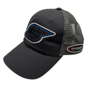 The SLACK Flex Fit Hat in gray features a black and gray design with a mesh back, a distinctive "S" logo on the front, and a "Performance" patch on the side.