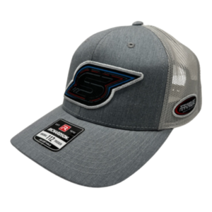 The SLACK Flex Fit Hat in gray features a stylized "S" logo on the front, a black, white, and red patch on the side, and a mesh back.