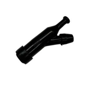 The Spark Plug Caps - Clone Motors are black Y-shaped plastic fittings featuring one inlet and two outlets, ideal for splitting a single fluid flow into two distinct paths.