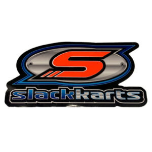 A decal featuring the product name "Decals - SLACK Body White," showcasing a stylized orange "S" on a silver and blue background, accompanied by the text "slackkarts" in blue and black.