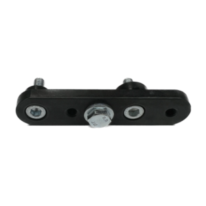 The Header Pipe Support Bracket for Clone - Extra Long is a black rectangular bracket featuring three bolts and two screws. The central bolt is marked with "6.0". The bracket has three holes and two screws extending from the top.