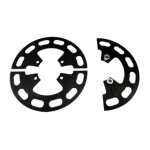 The 4-Spoke Mini Precision Sprocket Hub Gear Guards-Aluminum BA 6.75, in black, is a circular metal object with a separated piece and multiple symmetrical cutouts as well as holes designed for fasteners.