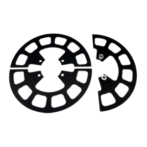 Two black 4-Spoke Mini Precision Sprocket Hub Gear Guards-Aluminum BA 8" objects with slotted holes, arranged side-by-side. One is a complete circle, while the other is split into two pieces.