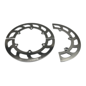 Two 6-Spoke Sprocket Hub Gear Guards, measuring 8-1/2 inches and unanodized, with one intact and the other split into two pieces, positioned on a plain white background.