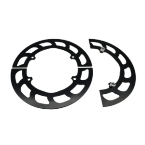 The "Gear Guard - 4-Spoke Sprocket Hub - 8" Black Anodized" comprises two black, circular metal discs featuring cutout patterns; one disc is intact, while the other is halved with a bolt attached to each half.