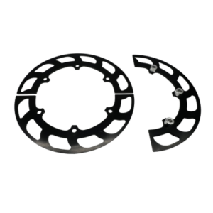 Two black anodized 6-spoke sprocket hub gear guards, each 8 inches in diameter. One guard is a complete circle, and the other is a half-circle. Both components feature bolt holes for easy attachment.