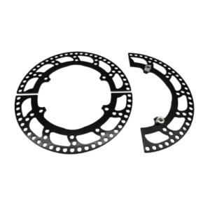 Image of a black anodized Gear Guard 4-Spoke Sprocket Hub with lightening holes, shown complete on the left and split into two pieces on the right.