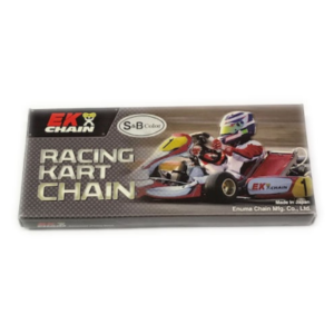 A box of EK Silver Pro 120 Link Chain featuring an image of a kart racer. The box is labeled "Made in Japan" by Enuma Chain Mfg. Co., Ltd.