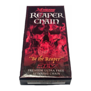 Box of RLV Reaper 120 Link Gold on Black Chain with a fiery skull design, text "Be the Reaper", RLV logo, and description "Premium Ultra Free Spinning Chain".