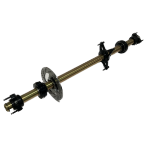 An axle assembly, namely the Axle Assembly 32" Zinc Axle with a 4-Spoke Gear Hub and Small Bearings, featuring a gold-colored axle, black mounting brackets, and a disc brake rotor.