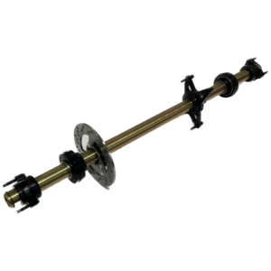 The Axle Assembly 32" Zinc Axle with a 4 Spoke Gear Hub and Big R.R. Bearing features a metal axle with an integrated disc brake, as well as black mounting brackets and fittings.