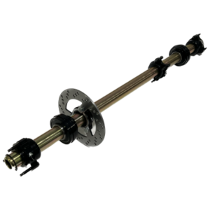 An Axle Assembly 32" Zinc Axle with a 4 Spoke Mini Gear Hub, Small Bearings, and several black fittings.