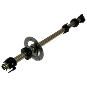 A 32" zinc axle assembly with included components such as a disc brake rotor and mounting brackets, featuring a 4-spoke mini gear hub and a large R.R. bearing.