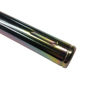 A close-up view of a Tubular Steel 1 1/4" Axle with a slot and a rounded end, featuring a Yellow Zinc Finish.