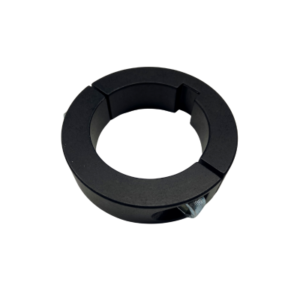 A black circular metal clamp, known as the Axle Locking Collar - 40mm Black Anodized, equipped with a securing bolt designed for attaching or holding cylindrical objects.