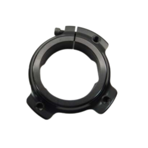 The Rear Axle Cassettes - Split 5/8-18 Small Bearing is a black metal clamp with two mounting holes and a tightening screw, designed for securing cylindrical objects.