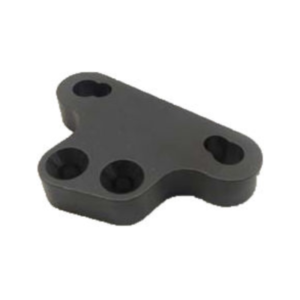 A black, three-hole, triangular-shaped metal component designed for industrial or mechanical use: Caliper Bracket - Right Side 6" Enginetic Rotor - Elevate, Pursuit & Xpect.