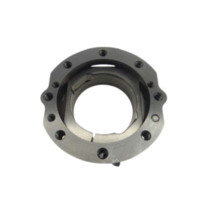 An Adjustable Rear Axle Cassette - Split 5/16-18 for SMALL Bearing is a metallic circular mechanical part featuring multiple holes along its outer edge, likely designed for use in industrial machinery.