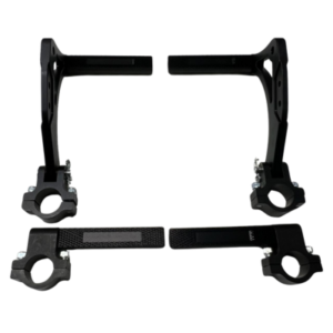 Two sets of Billet Aluminum Pedal Assembly 3/4" Rail WITH Heel Rests - SHORT, featuring black handlebar mounts with clamps.