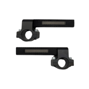 Two identical Billet Aluminum Heel Assembly (Pair) 1" Rail clamps in black, featuring adjustable arms designed for mounting devices on cylindrical objects.