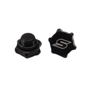 Two Master Cylinder Caps, black and star-shaped with a screw thread on one and a stylized "S" logo on the other, displayed against a white background.