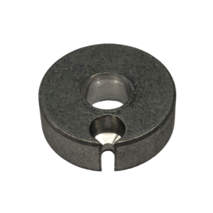 Product Description: Cable Pull Adapter - A metal circular component with a hole in the center, a smaller hole, and a narrow notch extending from the outer edge to the smaller hole.