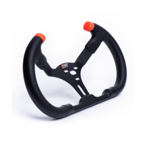 The Max Papis Steering Wheel - MPI Kart Tilt Style features a sleek black design with orange grips on the top. It boasts an open-space center design and is tailored for professional use.