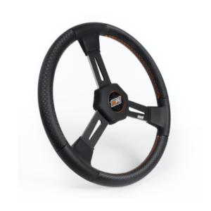 The Max Papis Steering Wheel - Flat Mod/Late Model & Sprint Style is a black racing steering wheel with a logo at the center, featuring a textured grip and orange stitching.