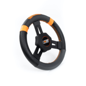 The Max Papis Steering Wheel - MPI Quarter Midget Style features a black and orange design, adorned with the "MPI" logo on the center hub, and is crafted with a textured grip and an ergonomic shape.